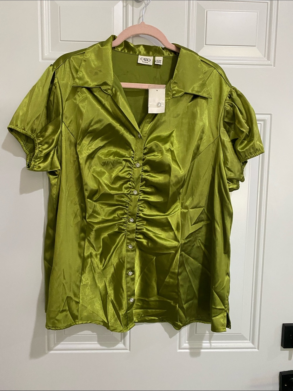 Cato Olive Satin Ruched Front Button Blouse
